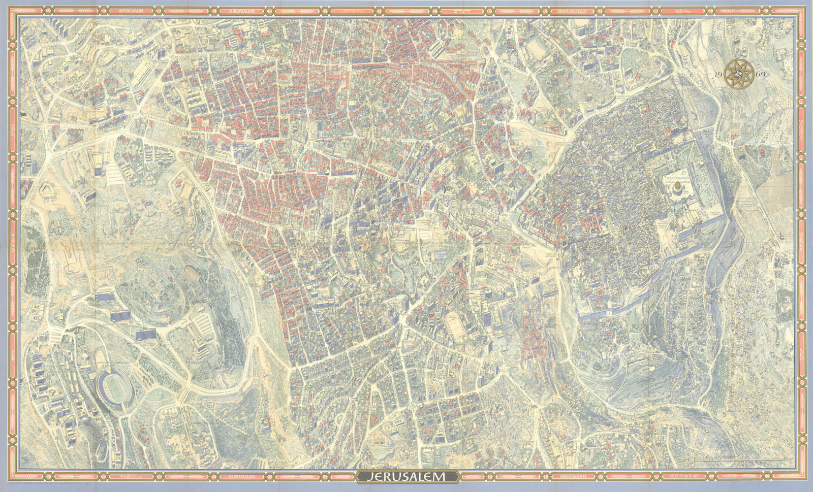 Jerusalem pictorial bird's eye view city plan. Israel. #100 BOLLMANN 1969 map
